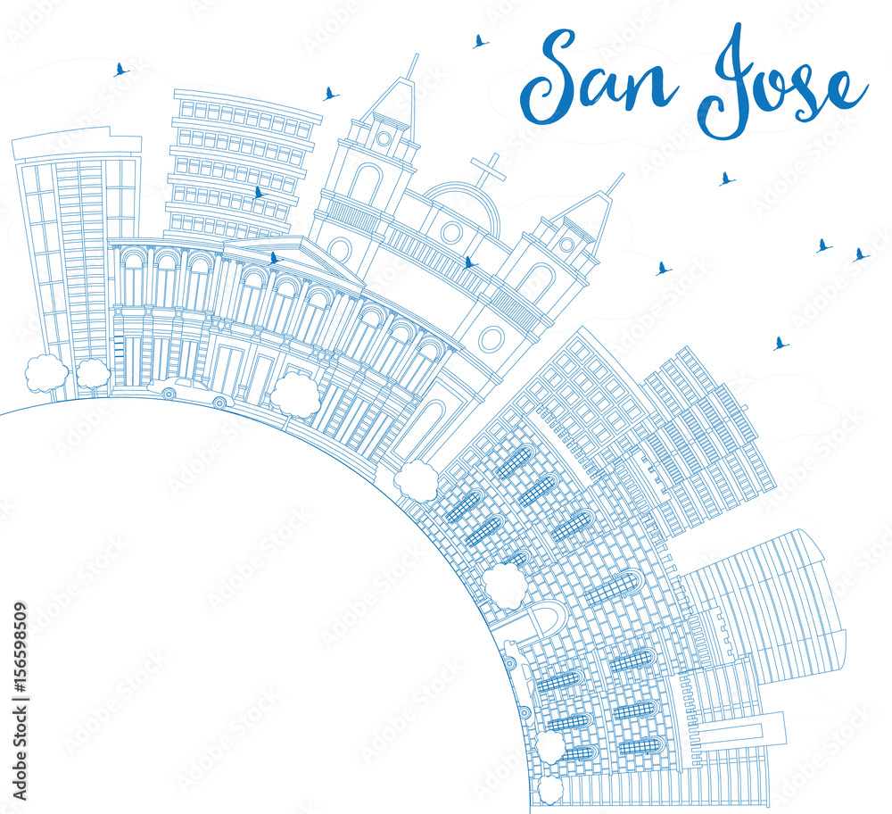 Outline San Jose Skyline with Blue Buildings and Copy Space.