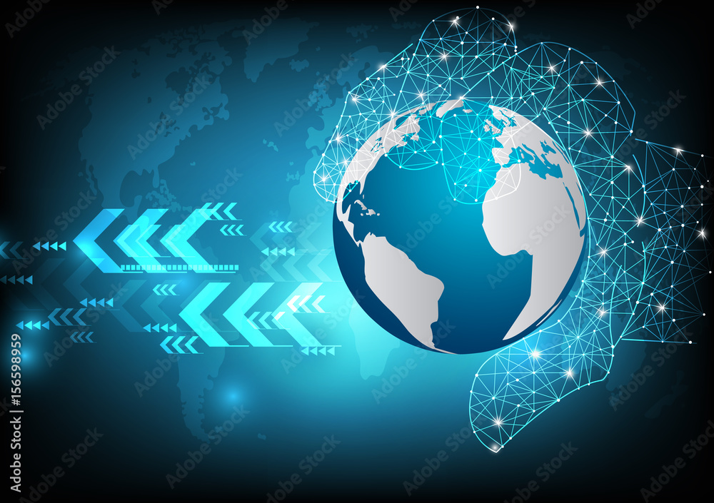 Vector hand with earth and world map on technology background. Vector hand with earth and world map on technology background.