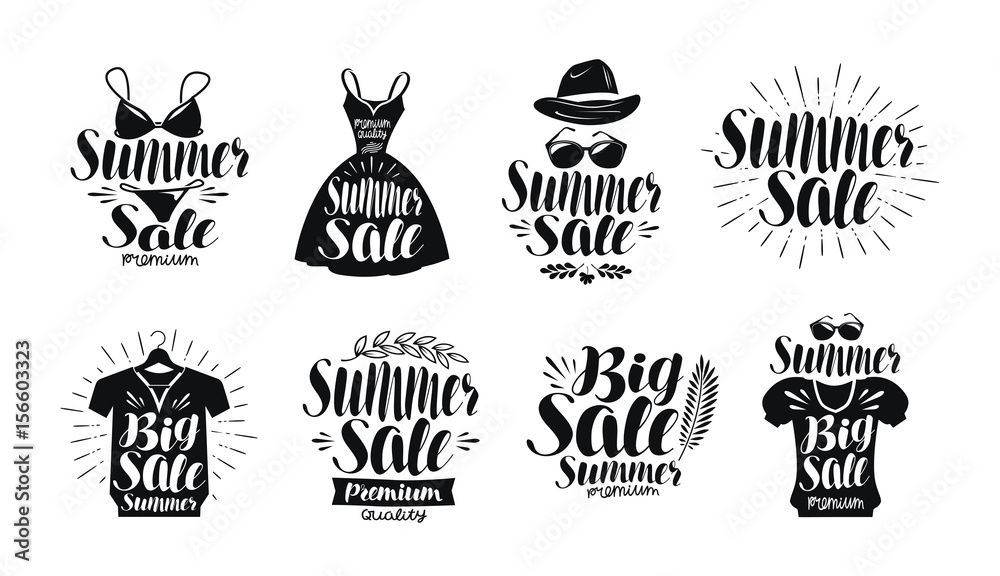 Summer sale, label set. Fashion, boutique, clothes shop, shopping icon or logo. Handwritten lettering, calligraphy vector illustration