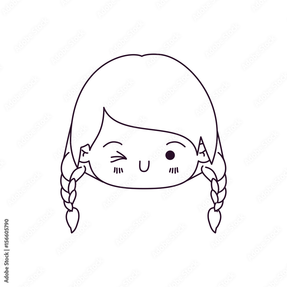 Obraz premium monochrome silhouette of kawaii head little girl with braided hair and facial expression wink eye vector illustration