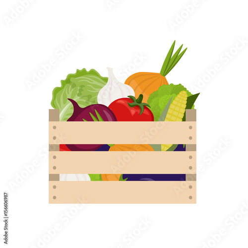 Wooden box with fresh vegetables on white background. The harvest festival. Healthy diet. Vector illustration in flat style.