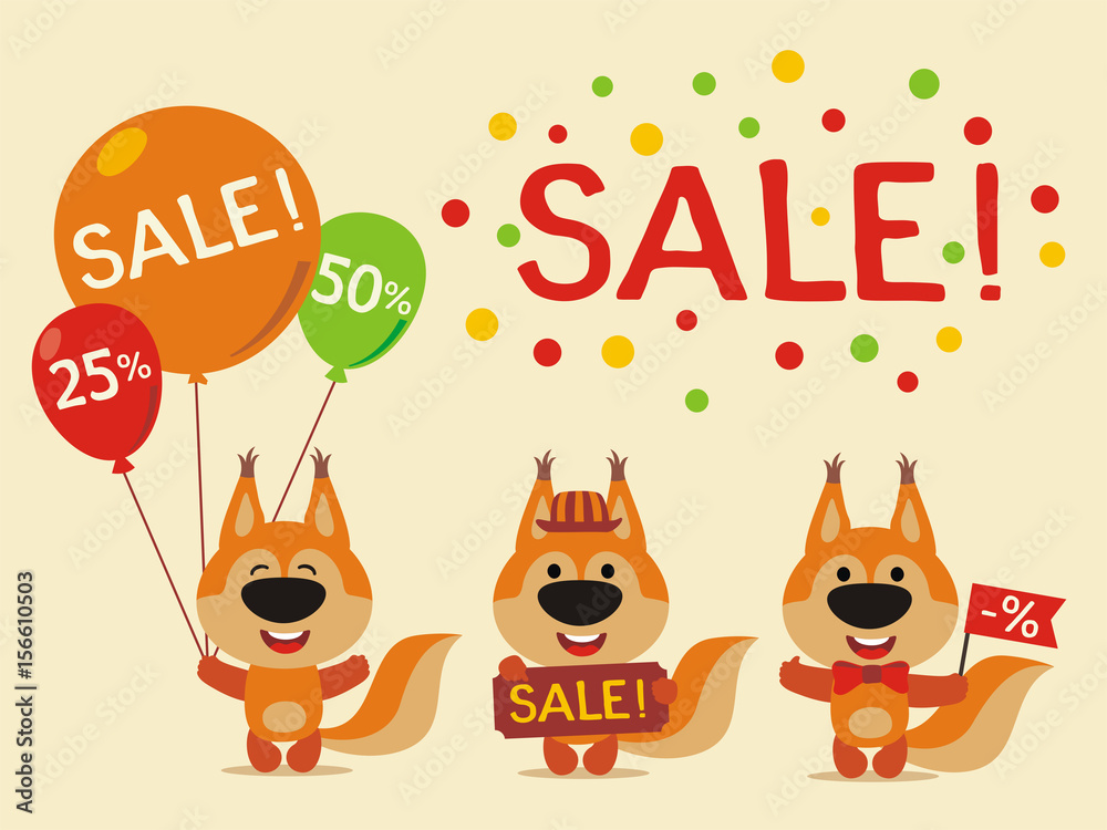 Set for design sale with squirrel. Collection of cartoon squirrel for sale of goods for children. Set for design sale with squirrel. Collection of cartoon squirrel for sale of goods for children.