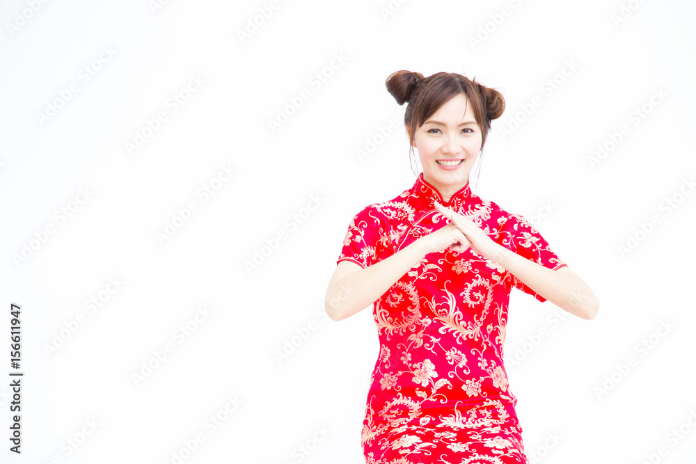 one woman wears Chinese traditional dress on Chinese New Year on white background one woman wears Chinese traditional dress on Chinese New Year on white background