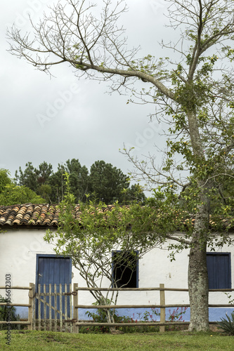 old brazilian farm house with blue wooden door and window tree and fence © Guilherme