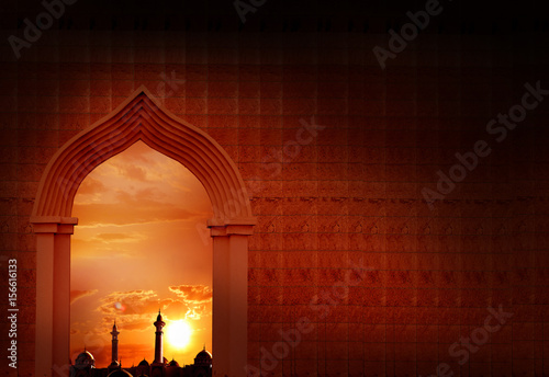 Eid-Ul-Adha festival celebration. Ramadan Kareem background with mosque arch.