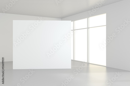 Blank white billboard in empty room with big windows, mock up, 3D Rendering.