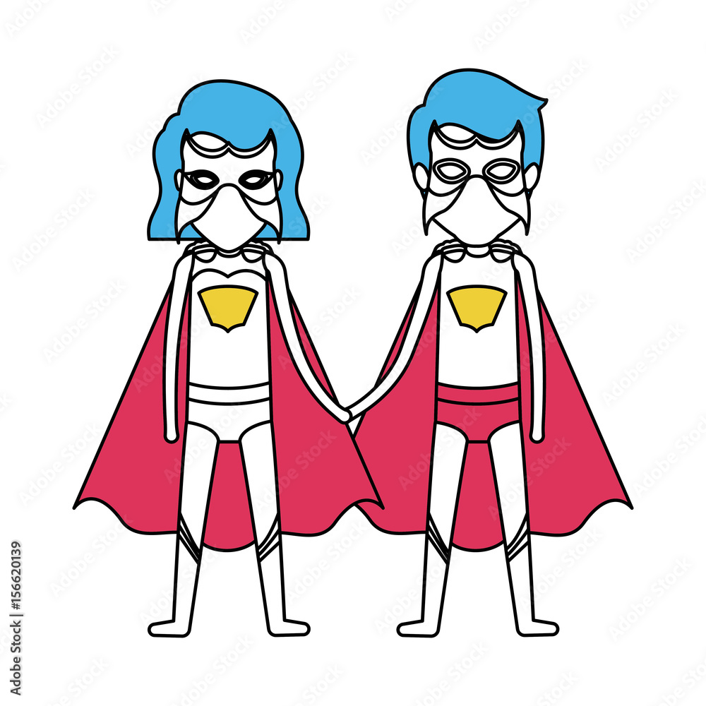 Φωτογραφία color silhouette with couple of superheroes united of the hands and her with sho