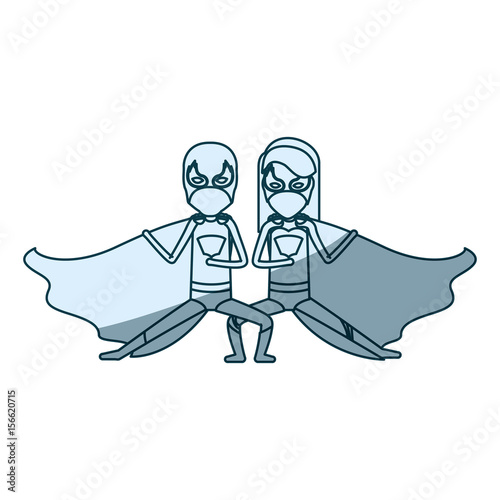 blue silhouette with duo of superheroes in defensive pose and her with straight long hair vector illustration