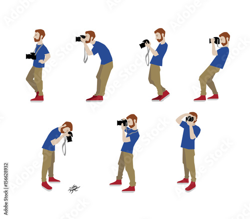 Vector Illustration of photographer taking a photo using camera. Flat illustration of young male character standing full length and shooting. Character set.