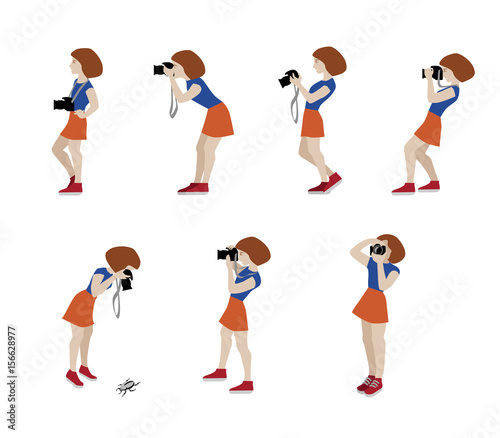Vector Illustration of photographer taking a photo using camera. Flat illustration of young female character standing full length and shooting. Character set.