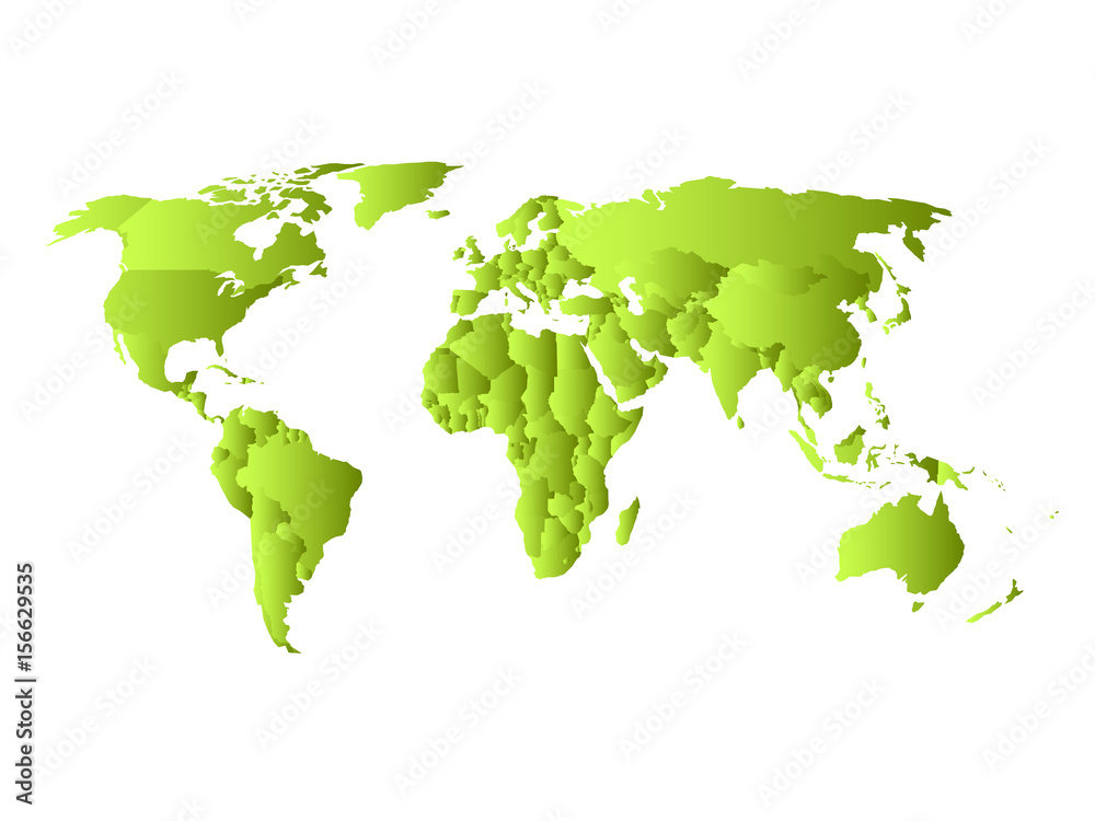 Green political map of World. Each state with own horizontal gradient. Vector illustration.