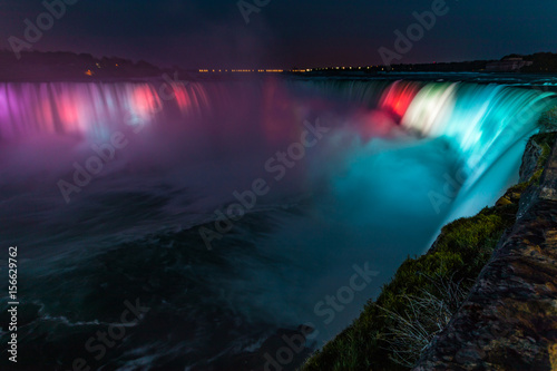 Colorful Niagara Falls Horseshoe Waterfall Light Show Long Exposure at Night