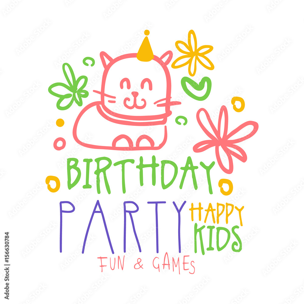Naklejka premium Birthday party happy kids fun and games promo sign. Childrens party colorful hand drawn vector Illustration