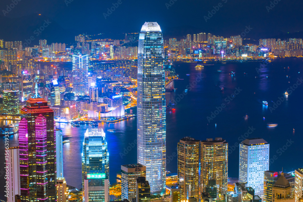 Hong Kong business district skyline at night.