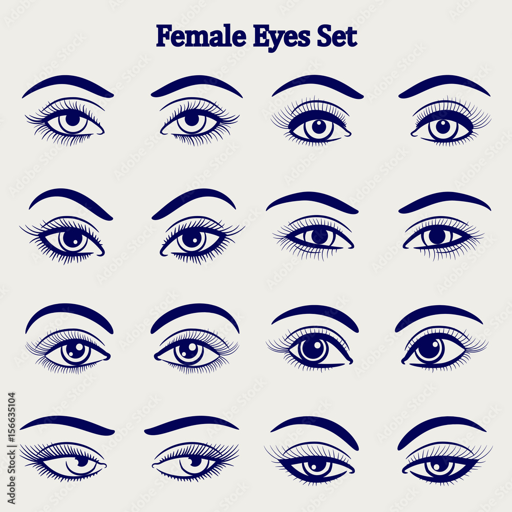 Ballpoint pen drawing female eyes set isolated on grey backdrop. Vector illustration