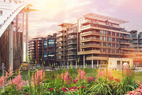 OSLO, NORWAY - MAY 19, 2016: Tjuvholmen is neighborhood in borough Frogner in Oslo, Norway, it is located on peninsula sticking out from Aker Brygge into Oslofjord