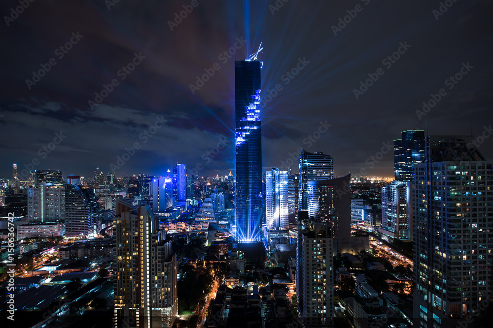 Bangkok night view with skyscraper in business district in Bangkok Thailand.