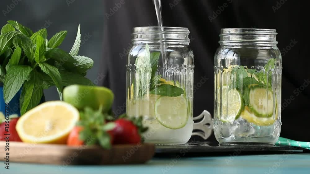 Homemade lemonade with lemon ,lime,mint and ice cubes on black background Homemade lemonade with lemon ,lime,mint and ice cubes on black background