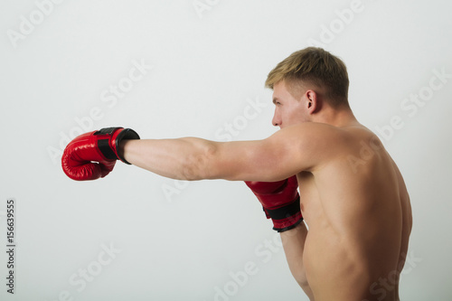 boxer, man, posing in red gloves in boxing stance © Volodymyr