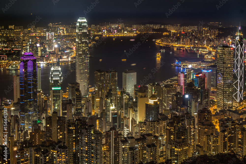 Hongkong bei Nacht - Blick vom Peak über die Großstadt, Asien