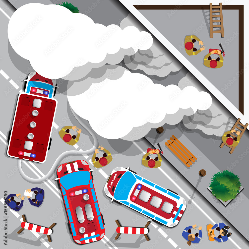 Fototapeta premium The fire in the building. View from above. Vector illustration.