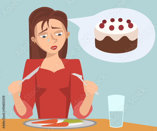 sad girl eating diet food dreaming of cake photo