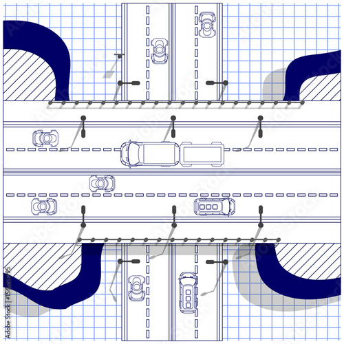 Road bridge on a sheet in a cage. Road junction. View from above. Vector illustration. 