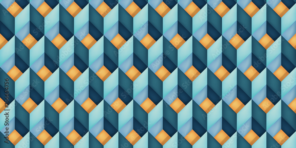 Volume realistic vector texture, diamonds, geometric pattern, turquoise cubes with orange bottom