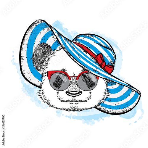 Fototapeta Naklejka Na Ścianę i Meble -  Funny panda in a beautiful beach hat. Vector illustration for a postcard or poster, print for clothes, cup or cover. Bear painted by hand. Summer, vacation and vacation.