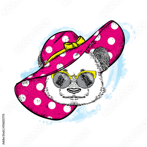 Fototapeta Naklejka Na Ścianę i Meble -  Funny panda in a beautiful beach hat. Vector illustration for a postcard or poster, print for clothes, cup or cover. Bear painted by hand. Summer, vacation and vacation.