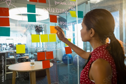 Female executive sticking notes on glass board