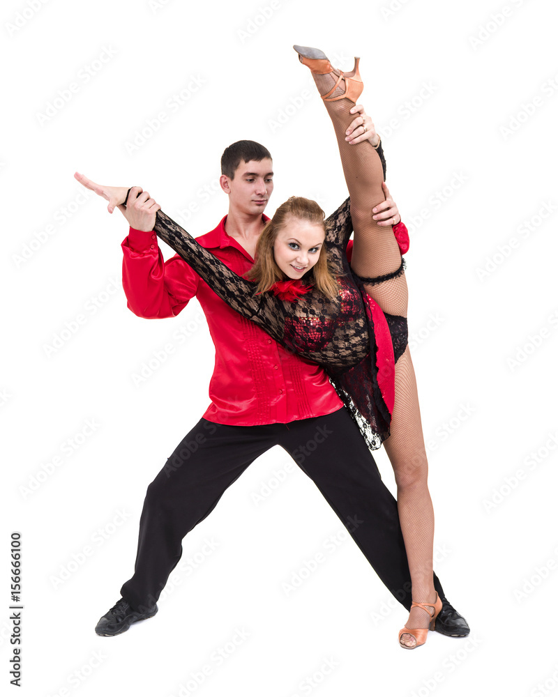 Full length of young ballet couple dancing against isolated white Full length of young ballet couple dancing against isolated white