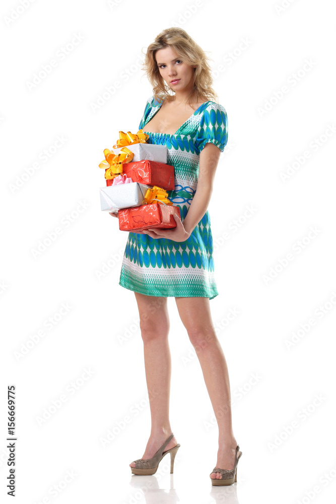 young woman holding colourful boxes with presents young woman holding colourful boxes with presents