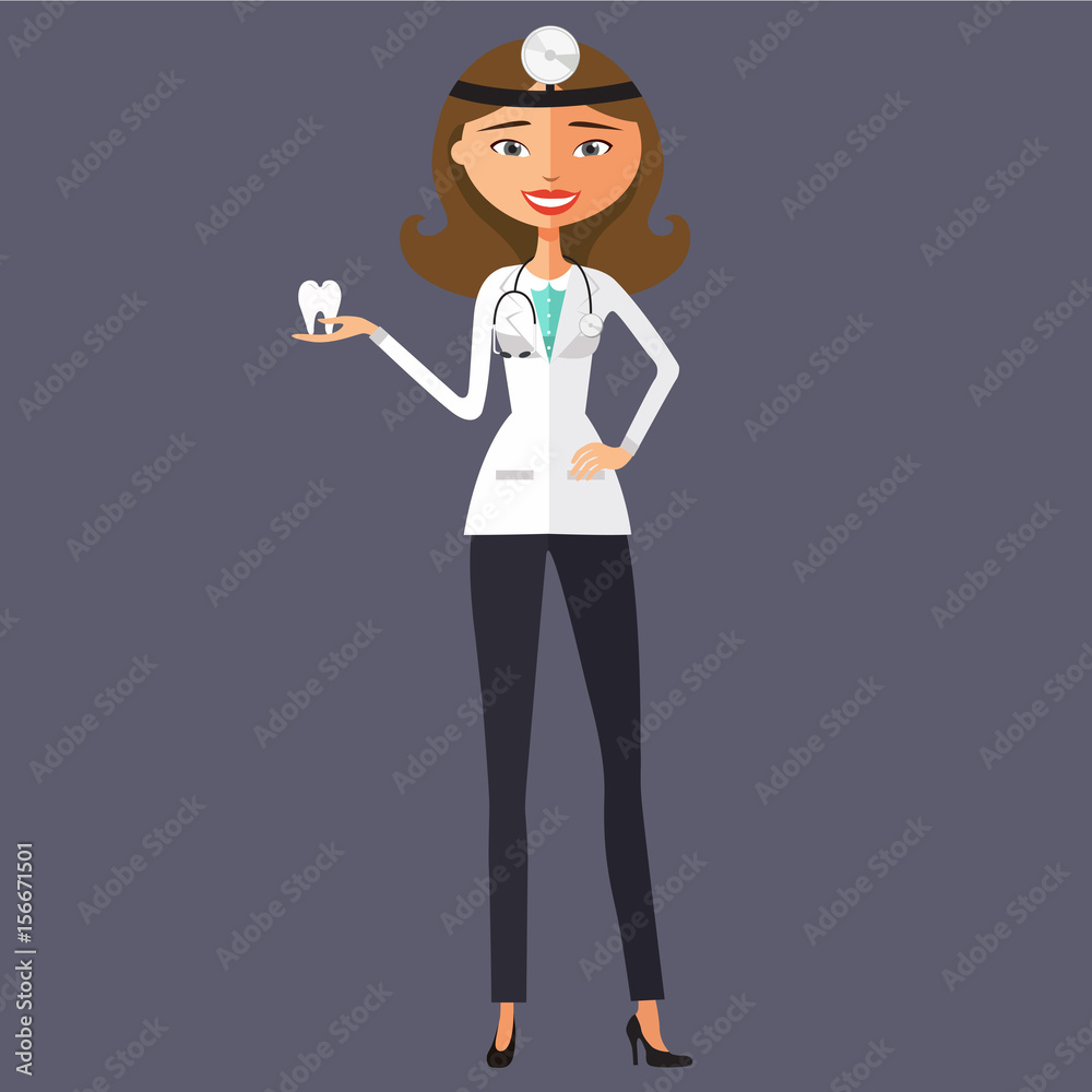 The dentist is presenting a tooth vector flat cartoon illustration. The dentist is presenting a tooth vector flat cartoon illustration.