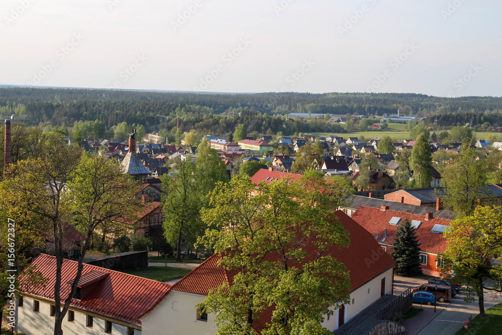 Aerial view over the center of Cesis old town of the Western Tower of the Cesis Castle. View on old street in Cesis city. Latvia, Europe. 