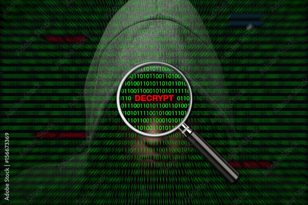 Hacker over a screen with binary code and WannaCry decrypt warning ...