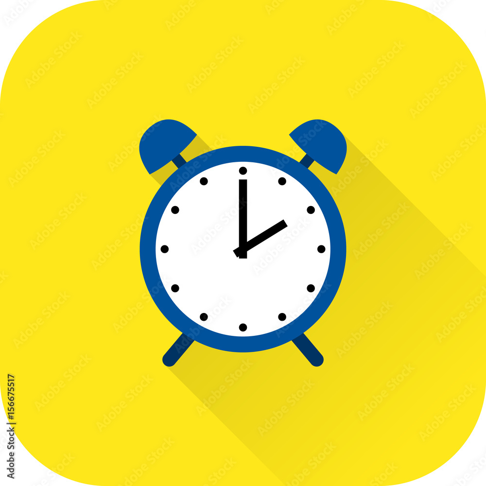 Alarm clock icon. Vector. Flat design with long shadow. Blue time symbol isolated on yellow background. Alarm clock icon. Vector. Flat design with long shadow. Blue time symbol isolated on yellow background.
