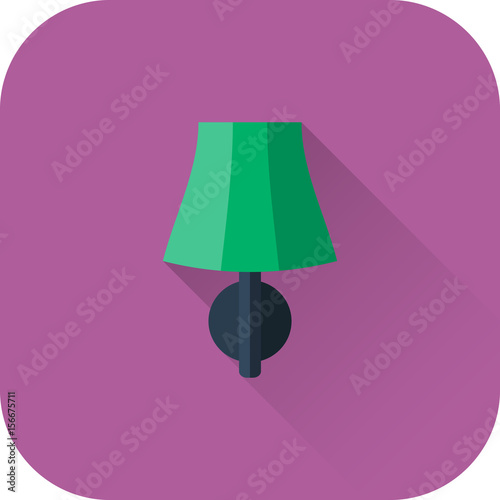 Lamp icon. Vector. Flat design with long shadow. Green lamp symbol isolated on violet background. © maradaisy