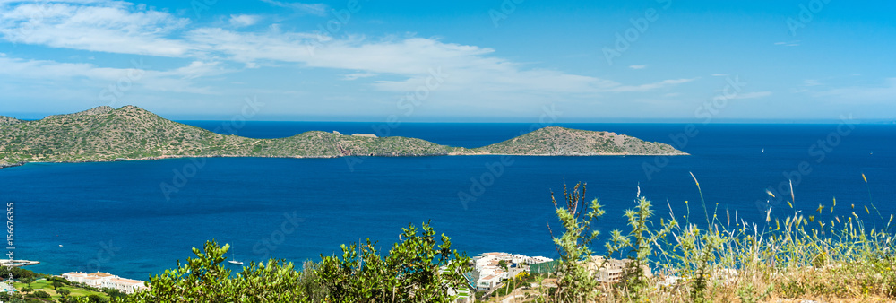 Greece Crete, turquoise bay panorama from top of hill