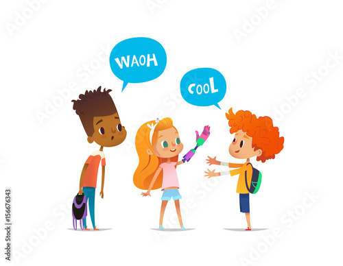 Smiling red-haired girl demonstrates to surprised friends her new artificial arm, children admire it. Happy kid with pink prosthesis. Vector illustration for banner, website, advertisement, poster