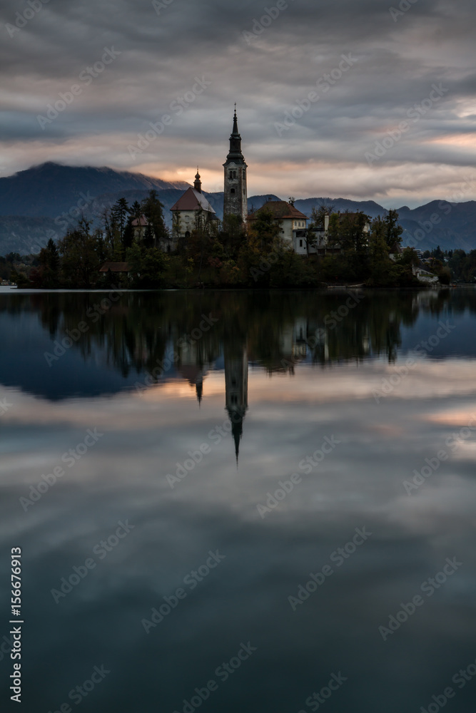 Island Church  and Reflection Early Morning- Lake Bled Slovenia