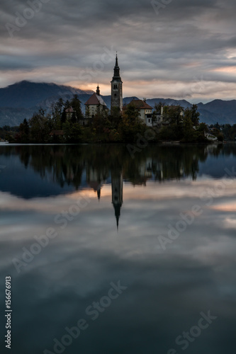 Island Church and Reflection Early Morning- Lake Bled Slovenia