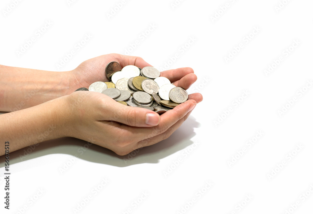 Hands holding coins on a white background. Hands holding coins on a white background.