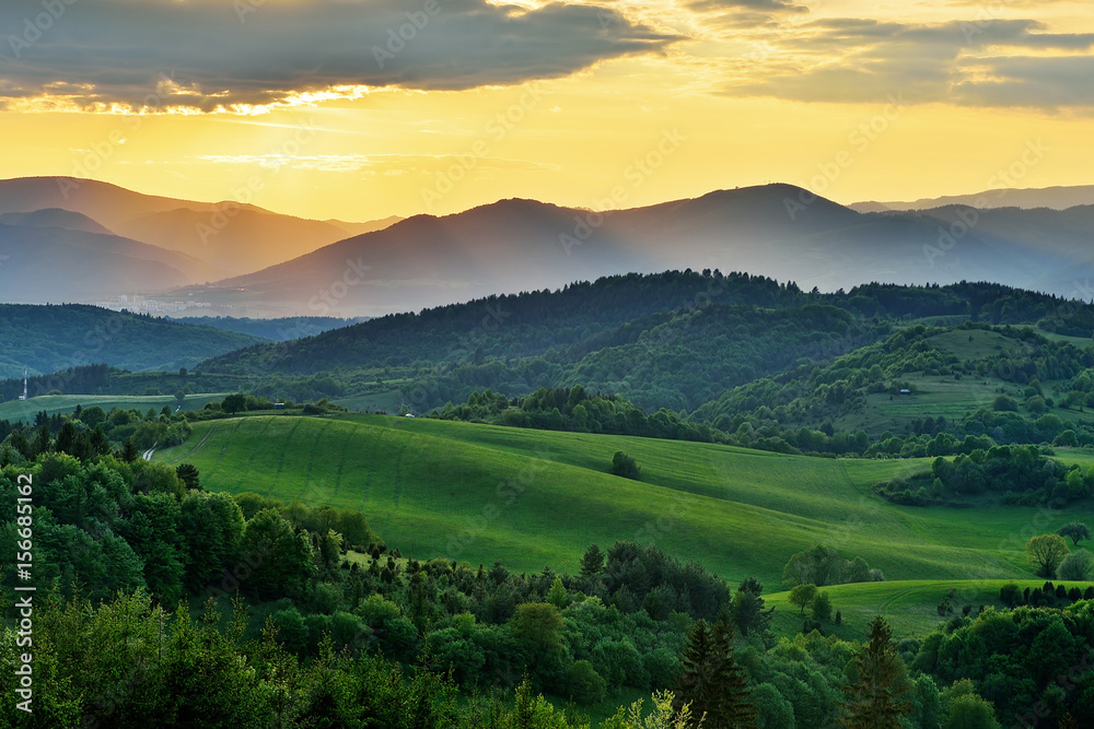 Spring forest and meadows landscape in Slovakia. Evening scenery panorama. Fresh trees and pastures. Sunlit country.