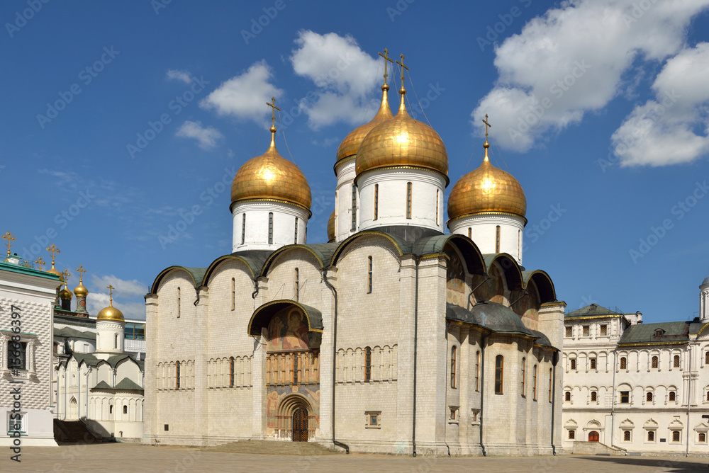 Dormition Cathedral of Moscow Kremlin also known as Assumption Cathedral (1475–1479) on Cathedral Square. Russia