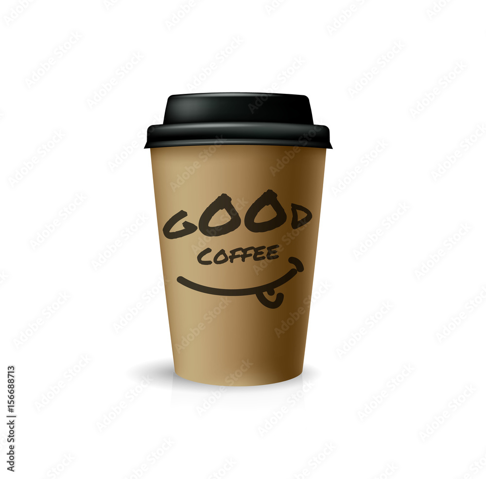 Good coffee for take-out. Brown paper cup with black cap
Good coffee for take-out. Brown paper cup with black cap