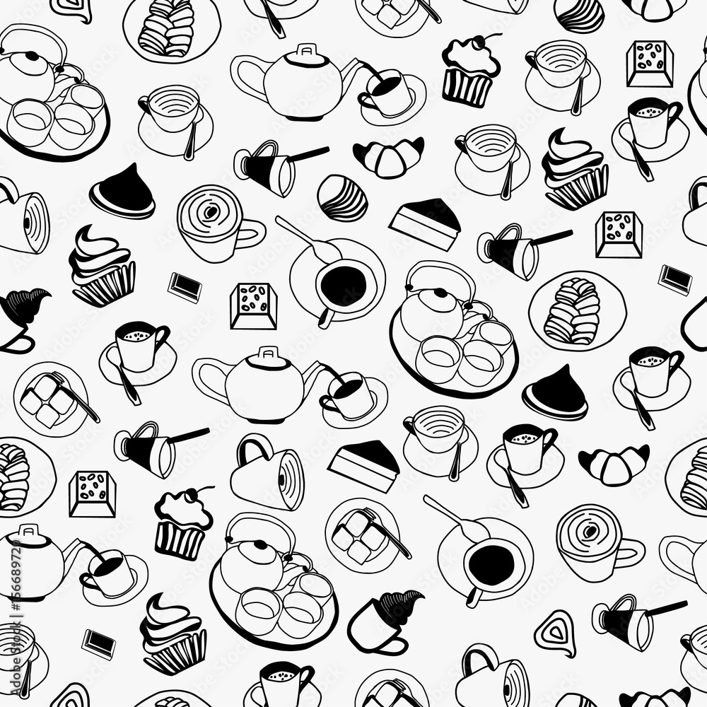 pattern of collection set with teapot, coffee, cups,  piece of cake