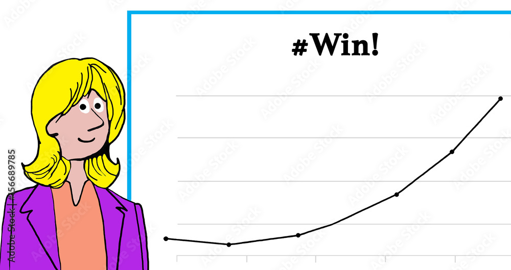 Business cartoon illustration showing a smiling female executive and increasing sales, '#Win!'. Business cartoon illustration showing a smiling female executive and increasing sales, '#Win!'.
