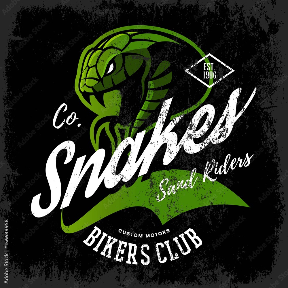 Obraz premium Vintage American furious green snake bikers club tee print vector design. Street wear mascot t-shirt emblem. Premium quality wild animal superior logo concept illustration.