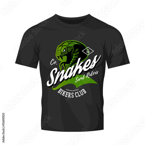Vintage American furious green snake bikers club tee print vector design isolated on black t-shirt mockup. Premium quality wild animal superior logo concept illustration.